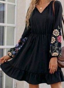 Adult Female Costumes to Hire - Black floral print long sleeve dress - LARGE